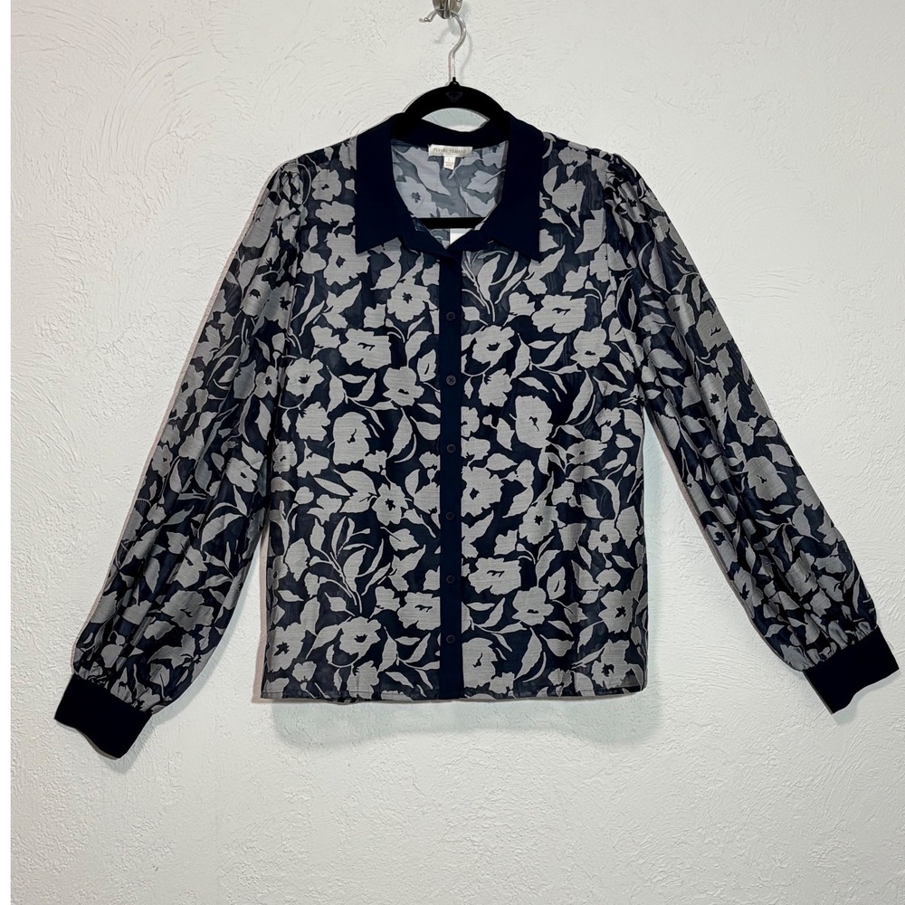 Flying Tomato Women Large Navy Blue Grey Burnout Floral Mesh Button Front Blouse